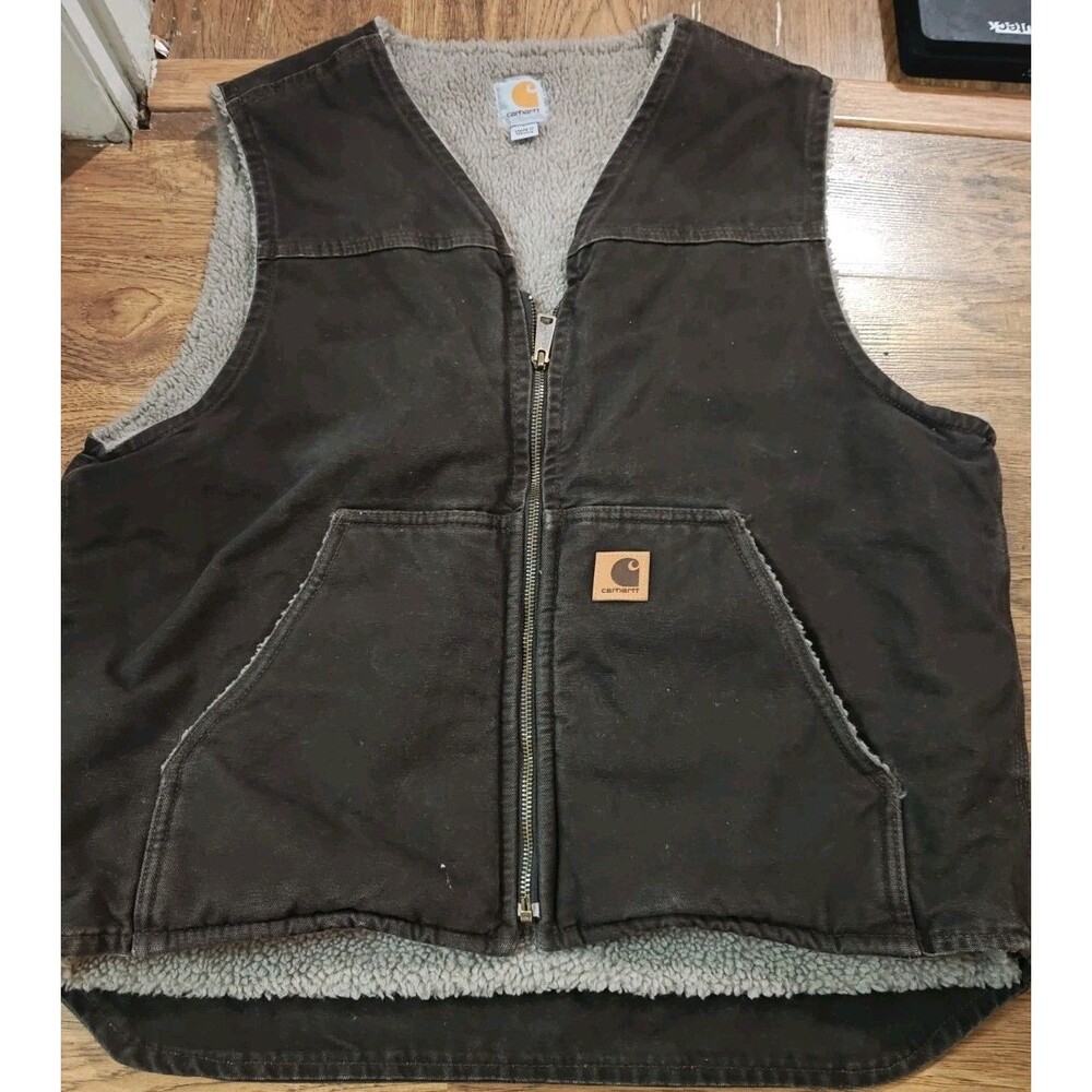 VTG Carhartt Duck Vest Mens Large Brown Sherpa Lined Canvas Workwear V26